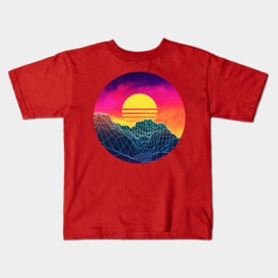 Neon glowing sun grid mountain Kids T-Shirt